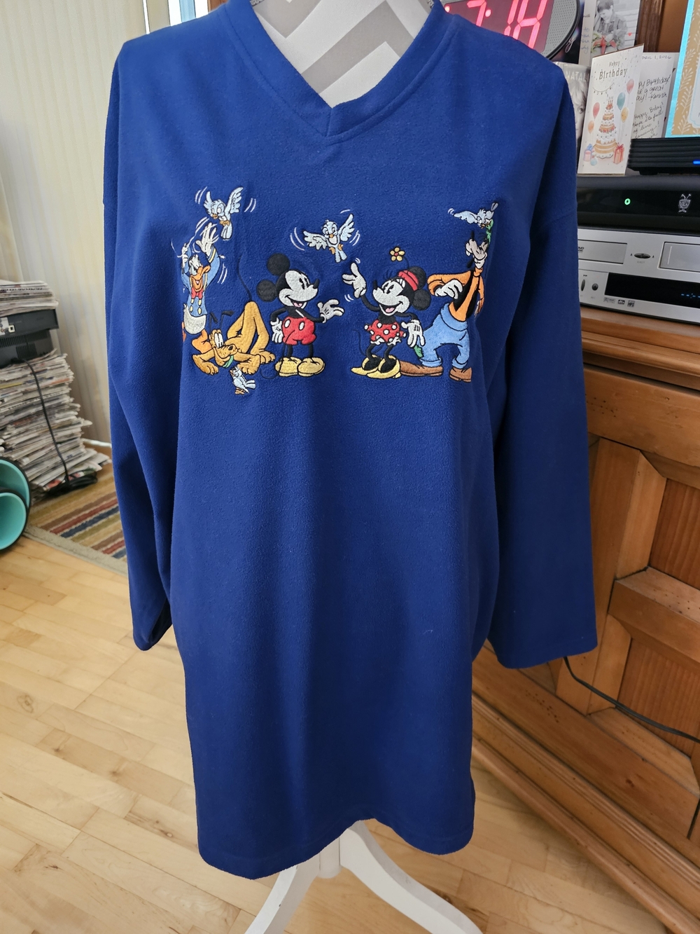 Disney, Blue V-Neck Sweatshirt with Embroidered Mickey & Friends